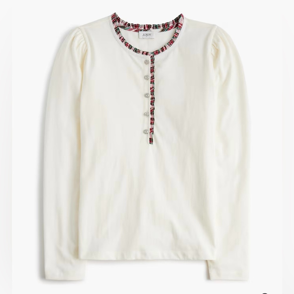 J.Crew Long-sleeve tartan and jewels henley in ivory - Picture 3 of 7